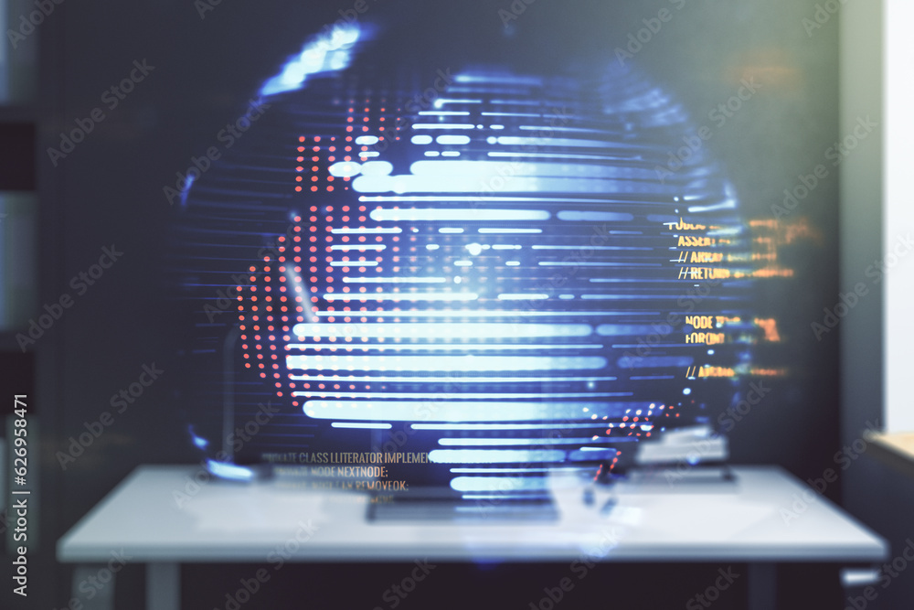 Poster double exposure of abstract programming language with world map and modern desktop with laptop on ba