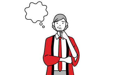 顔をかきながら考える赤い法被を着た販売員のシニア女性