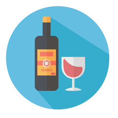 Bottiglia di vino e vetro piatto icona con lunga ombra fondo trasparente