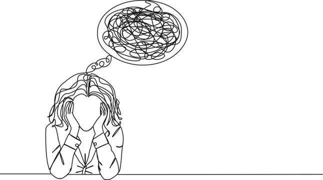 continuous single line drawing of stressed and confused woman with head in hands, line art vector illustration