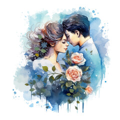 Vector flat Valentine's Day background with a couple holding hands in watercolor style