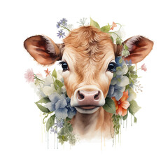 watercolor cow with flowers 