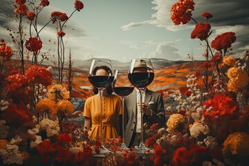 Collage in autumn colors Giant glasses of wine cover the faces of a man and a woman. New grape harvest concept. Wine tasting.