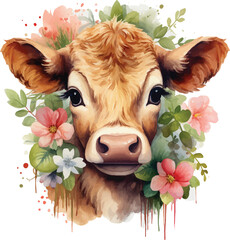 watercolor cow with flowers 