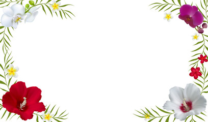 Bright vector illustration of tropical flowers and leaves. Orchids. Hibiscus. Plumeria. Frangipani. Palm leaves. Red. Green. Exotic. Border. Tropical background.