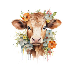 watercolor cow with flowers 