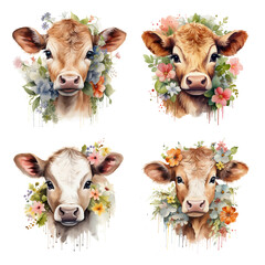 watercolor cow with flowers 