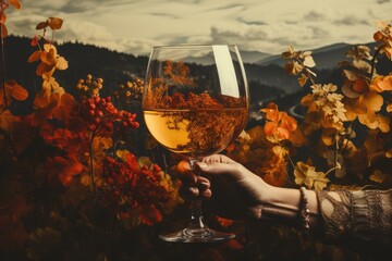 One huge glass of wine at autumn evening vineyard landscape background