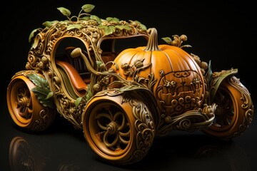 Halloween Pumpkin Carving oldtimer car from pumpkins. Pumpkin car for Halloween party.  - obrazy, fototapety, plakaty