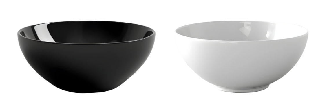 Set of black and White ceramic bowl on transparent background cutout, PNG file. Mockup template for artwork graphic design	
