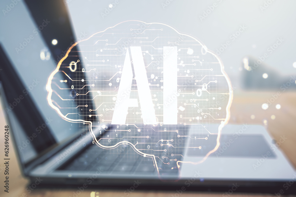 Aufkleber double exposure of creative human brain microcircuit with computer on background. future technology 