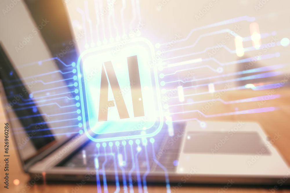 Aufkleber double exposure of creative artificial intelligence icon with modern laptop on background. neural ne