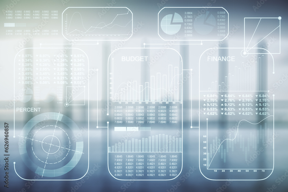 Poster Abstract virtual stats data hologram on empty corporate office background. Multiexposure
