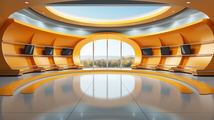 Obraz premium Tv Studio. Backdrop for TV shows .TV on wall. News studio. The perfect backdrop for any green screen or chroma key video or photo production. 3D rendering.