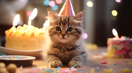 Cute cat kitten celebrating his birthday with home party and cake - obrazy, fototapety, plakaty