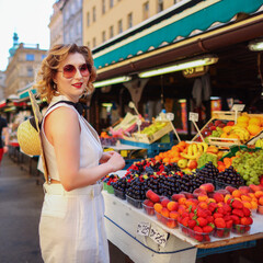 Woman choosing blueberry while shopping food at local market. Fresh fruits on the counter of market stand indoors