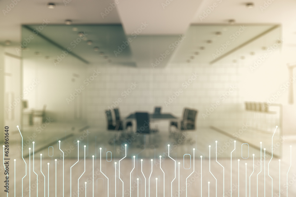 Poster abstract virtual micro circuit sketch on a modern furnished office interior background, future techn