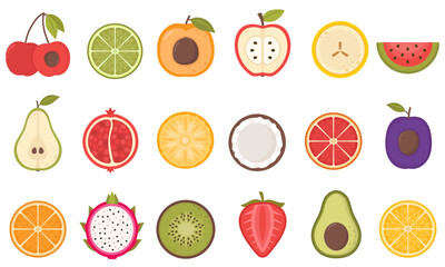 
Set of fruit halves. Slices of pineapple, apple, peach, lemon, kiwi, orange, pomegranate, banana, grapefruit, coconut, lime, watermelon, melon, strawberry, cherry, lime, pear, coconut, plum. 