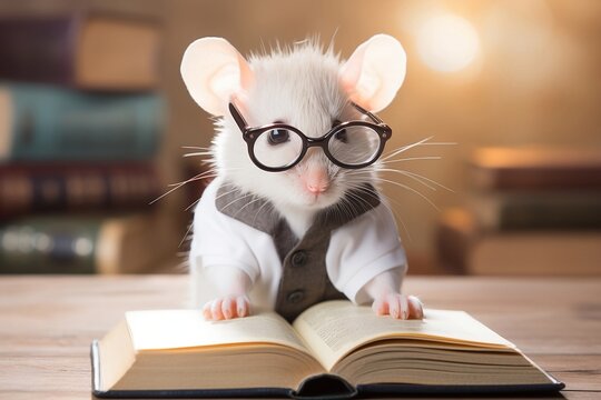A white mouse with glasses looks at a book in the library.