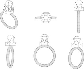 Vector sketch illustration of gold silver engagement ring with diamond stone