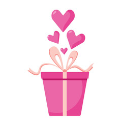 Pink Gift box to Valentine day holiday. Flat vector illustration of Pink icon of a gift box, Christmas present and Mothers day isolated on white.