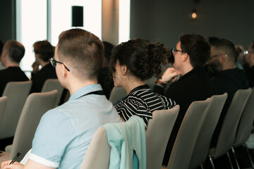 Business conference, seminar seating, keynote speaker delivery speeches and presentations