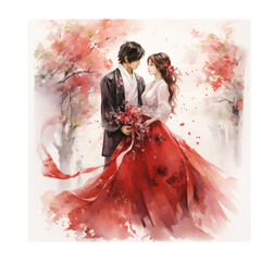 Vector flat Valentine's Day background with a couple holding hands in watercolor style