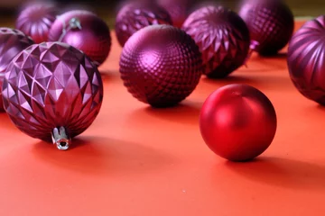 Fotobehang christmas decoration with christmas balls, close up shot,narrow focus, free copy space © Kirsten Hinte