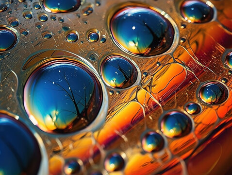 Photo of Soap bubbles: Close-up images of soap bubbles reveal their iridescent colors, shimmering surfaces, and the fascinating patterns created by the thin film of soap. It captures the ephemeral