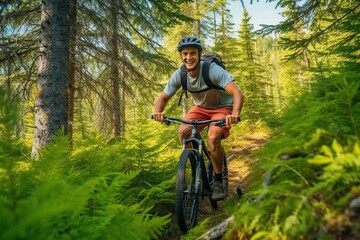 Fototapeta na wymiar Mountain biking on the trail, man sport outdoor activity