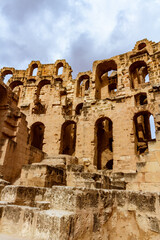 Ruins of the largest coliseum in North Africa. Demolished ancient walls  Roman amphitheatre at El Djem, Tunisia, Nord Africa

