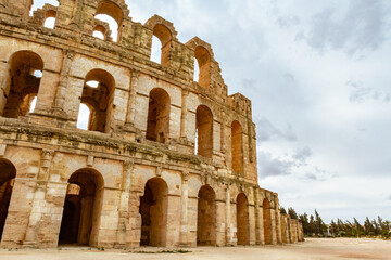 Ruins of the largest coliseum in North Africa. Demolished ancient walls  Roman amphitheatre at El Djem, Tunisia, Nord Africa

