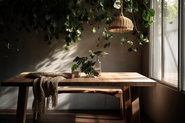 Interior design of the room. A table with green plants against a beige wall in the sunlight. Generative AI