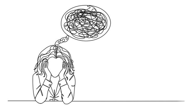 animated continuous single line drawing of stressed and confused woman with head in hands, line art animation
