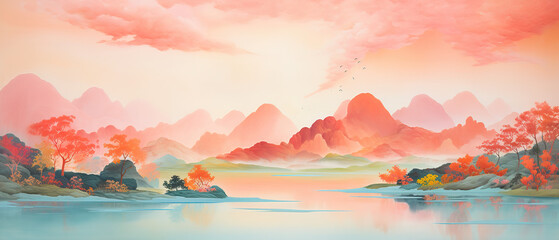 watercolor  pink lake and mountain with clouds