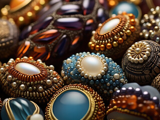 Photo of Beads or jewelry embellishments: Close-up shots of beads or jewelry embellishments showcase their intricate details, textures, and the way they catch and reflect light. 