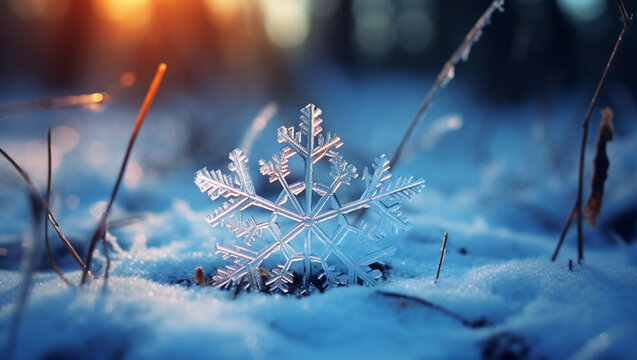An excellent snowflake against the background of the forest. A great image with a winter theme. Winter forest on a background that gives charm. AI Generated.