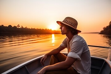 Male traveler sitting on edge of boat look at sunset