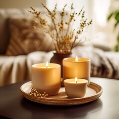 Obraz na płótnie Canvas Warm cozy home interior with burning candles, afternoon room decoration, creative decor arrangement