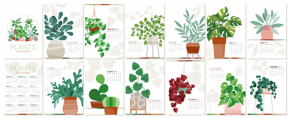 Template for a 2024 Vector Monthly Calendar Design with a Different Flat Style Plant Illustration on Each Month.
