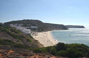 Morning View of the Beach in Salema Village in Algarve Portugal
