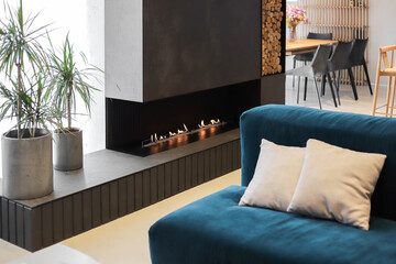 Burning eco bio ethanol fireplace in the living room
