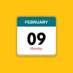 monday 09 february icon with yellow background, calender icon