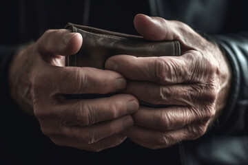 Poor senior person with wallet on dark background, closeup - obrazy, fototapety, plakaty