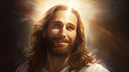 An awe-inspiring image of Jesus, depicted with a gentle smile and compassionate eyes, surrounded by a halo of divine light Generative AI