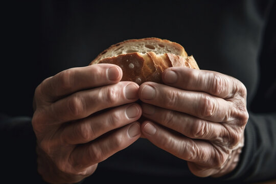 Old person holding bread on a black background, hands with food close-up. Hands on a dark background