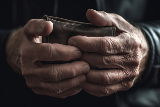 Poor senior person with wallet on dark background, closeup
