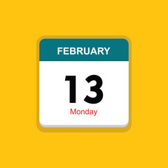 monday 13 february icon with yellow background, calender icon