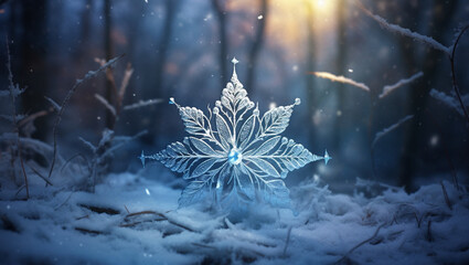 An excellent snowflake against the background of the forest. A great image with a winter theme. Winter forest on a background that gives charm. AI Generated.