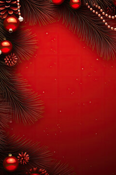 Red christmas background with red christmas ball and fir leaves. Copy space